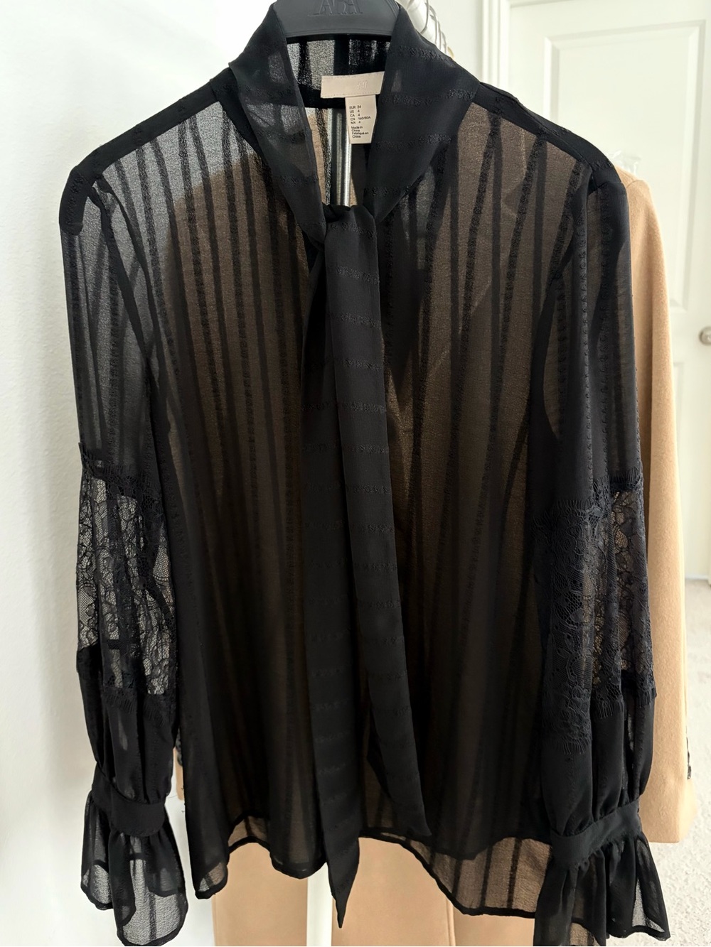 NWOT H&M Black Sheer Striped Blouse with Bow Lace Black Size 4
